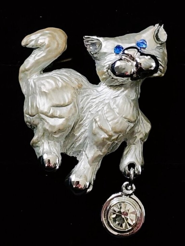 Vintage Silver Kitten Brooch Pin Dangle Ball Blue Eyes By Giusti